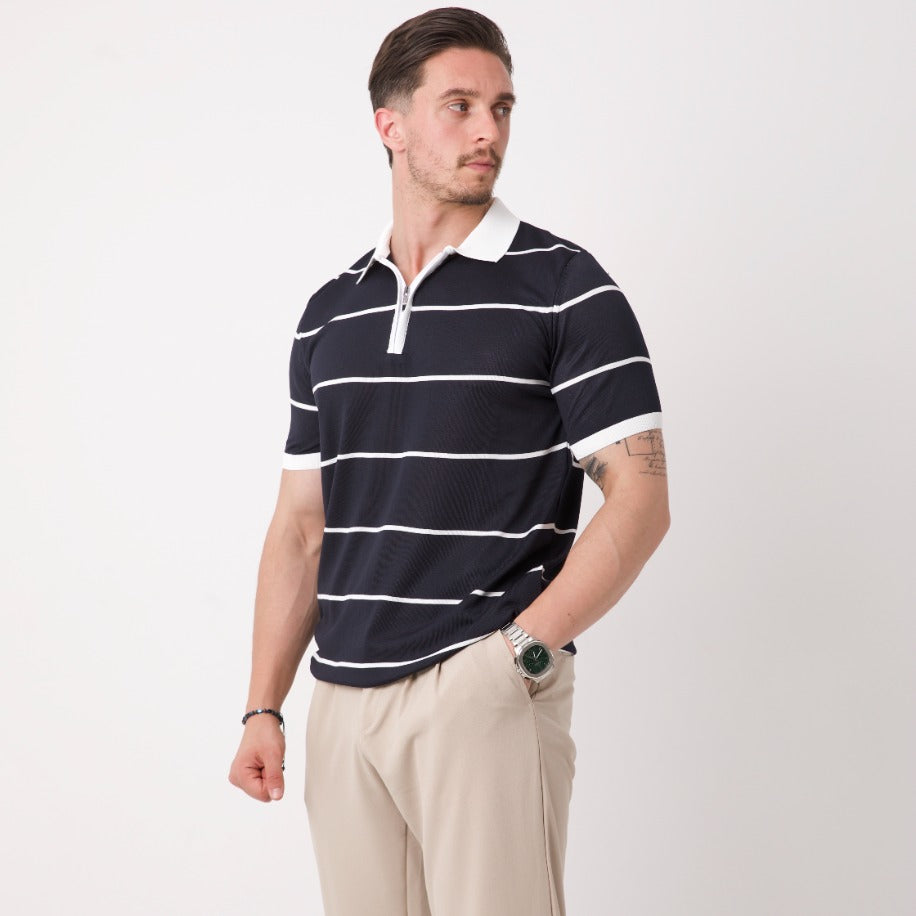 Beyaz Çizgili Lacivert Polo Yaka Triko Tişört