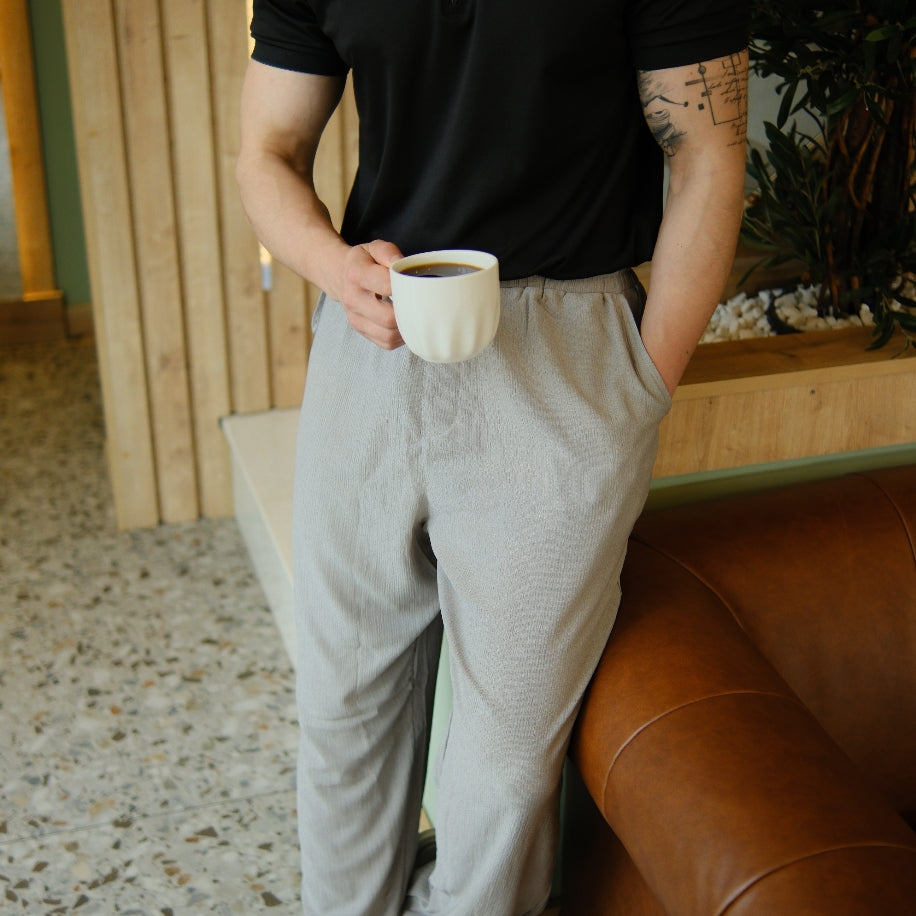 Açık Gri Keten Dokulu Relax Fit Erkek Pantolon