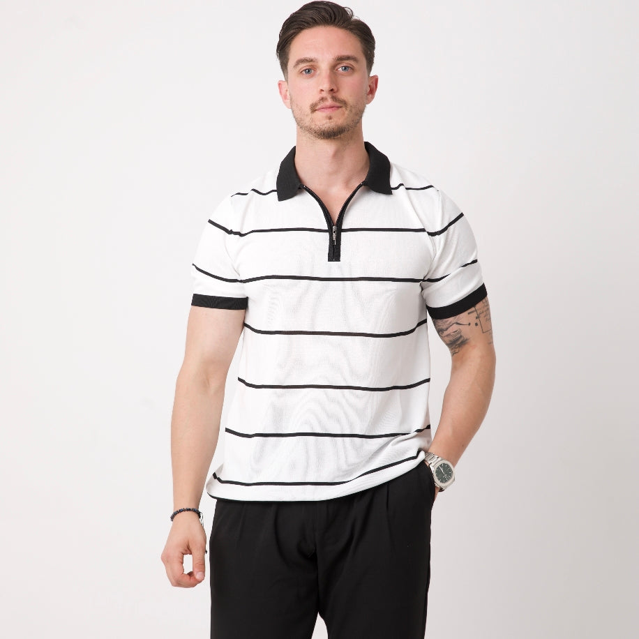 Siyah Çizgili Beyaz Polo Yaka Triko Tişört