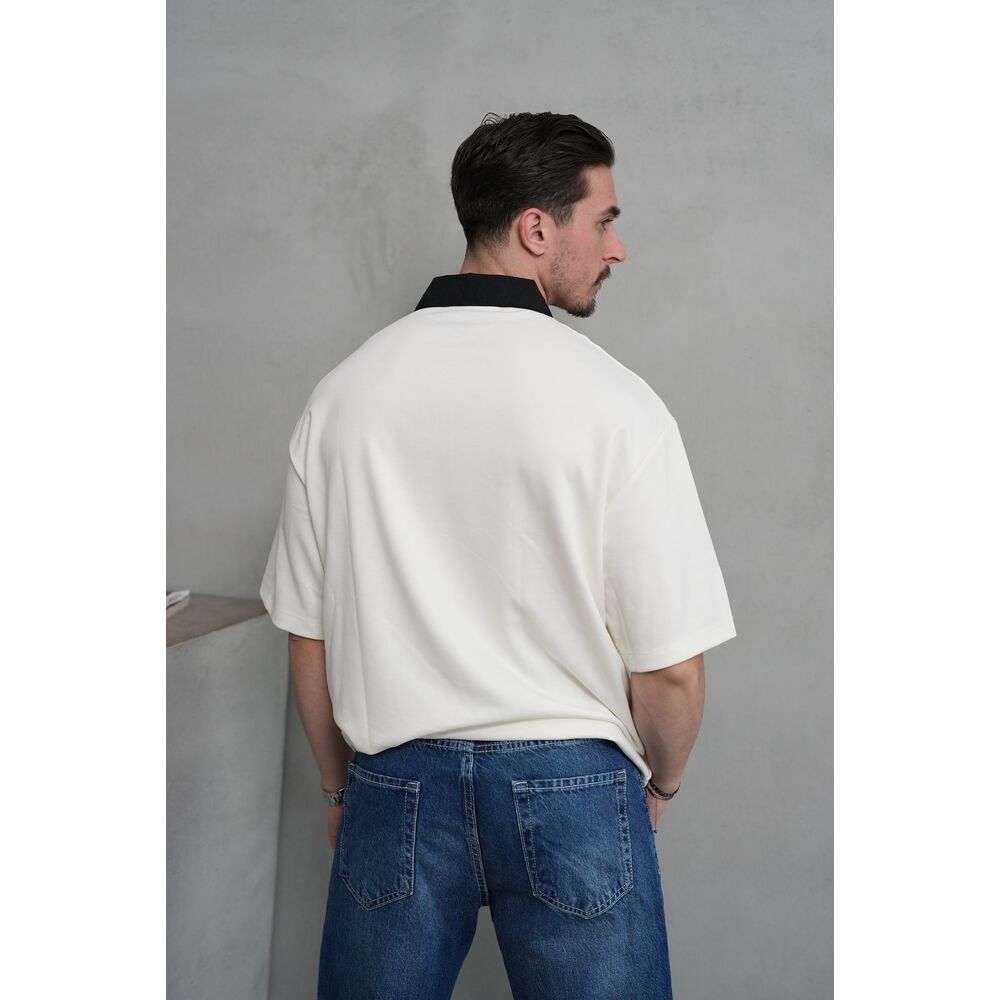 Contrast Yaka Oversize Polo T-Shirt – Ekru/Siyah
