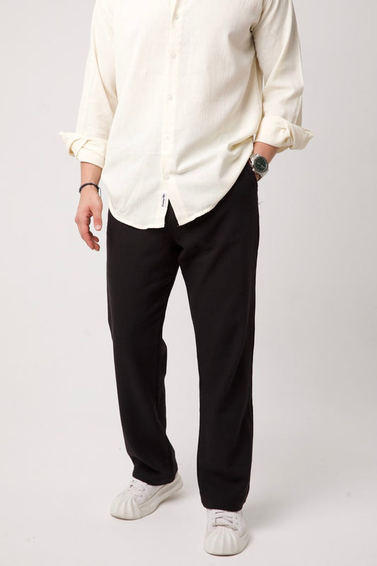 Siyah Keten Dokulu Rahat Kesim Erkek Pantolon