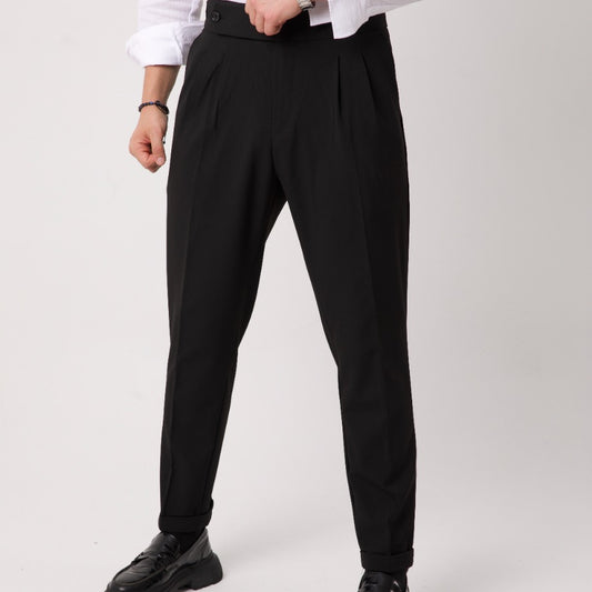 Siyah İtalyan Kesim Çift Pileli Erkek Kumaş Pantolon