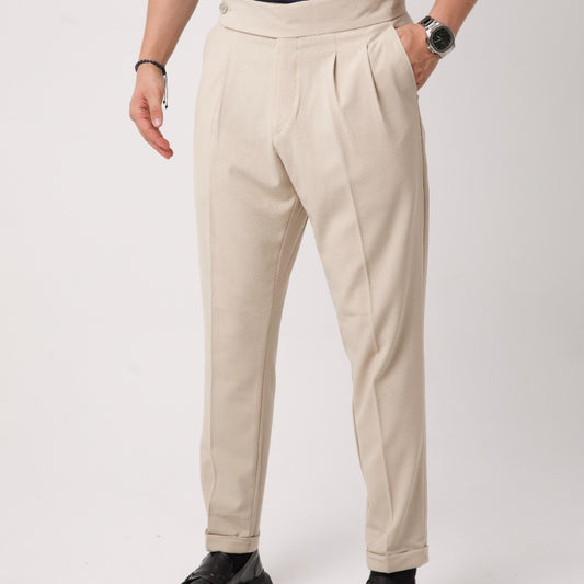 Bej İtalyan Kesim Pileli Erkek Kumaş Pantolon