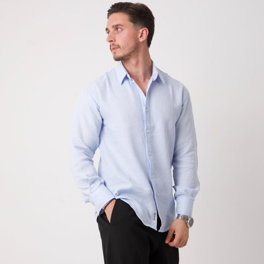 Açık Mavi Düz Kesim Uzun Kollu Erkek Gömlek