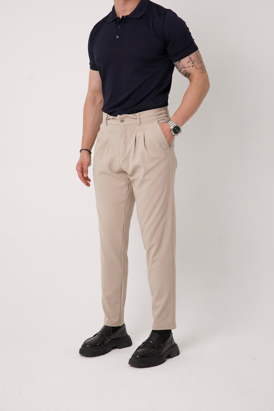 Bej Pileli Jogger Pantolon – Slim Fit