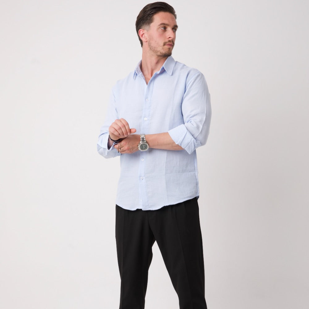 Açık Mavi Düz Kesim Uzun Kollu Erkek Gömlek