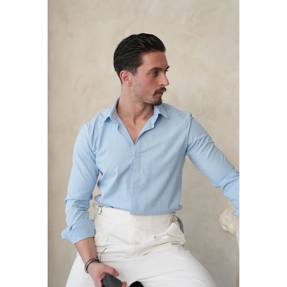 Buz Mavisi Gizli Pat Slim Fit Gömlek