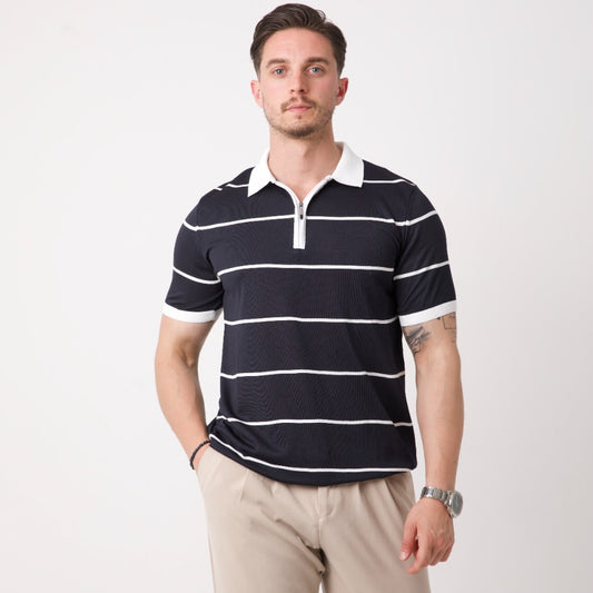 Beyaz Çizgili Lacivert Polo Yaka Triko Tişört