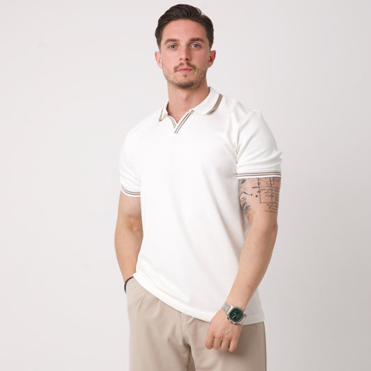 Çizgi Detaylı Polo Yaka Triko Tişört - Ekru