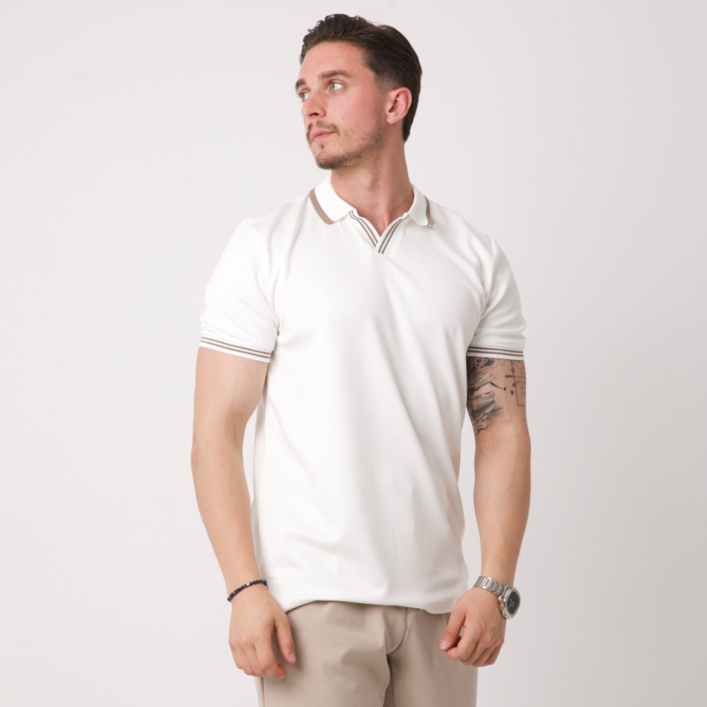 Çizgi Detaylı Polo Yaka Triko Tişört - Ekru