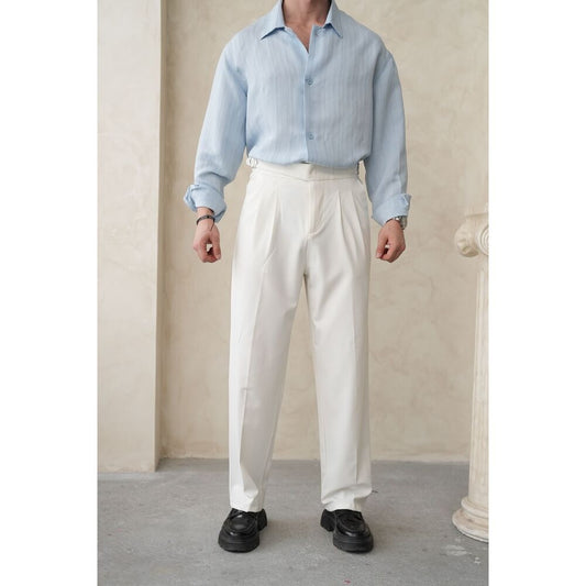 Ekru Renk Çift Tokalı Pileli İtalyan Kesim Kumaş Pantolon