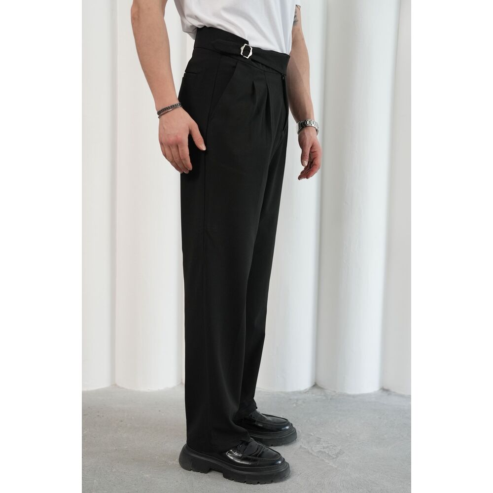 Siyah Çift Tokalı İtalyan Kesim Pileli Kumaş Pantolon