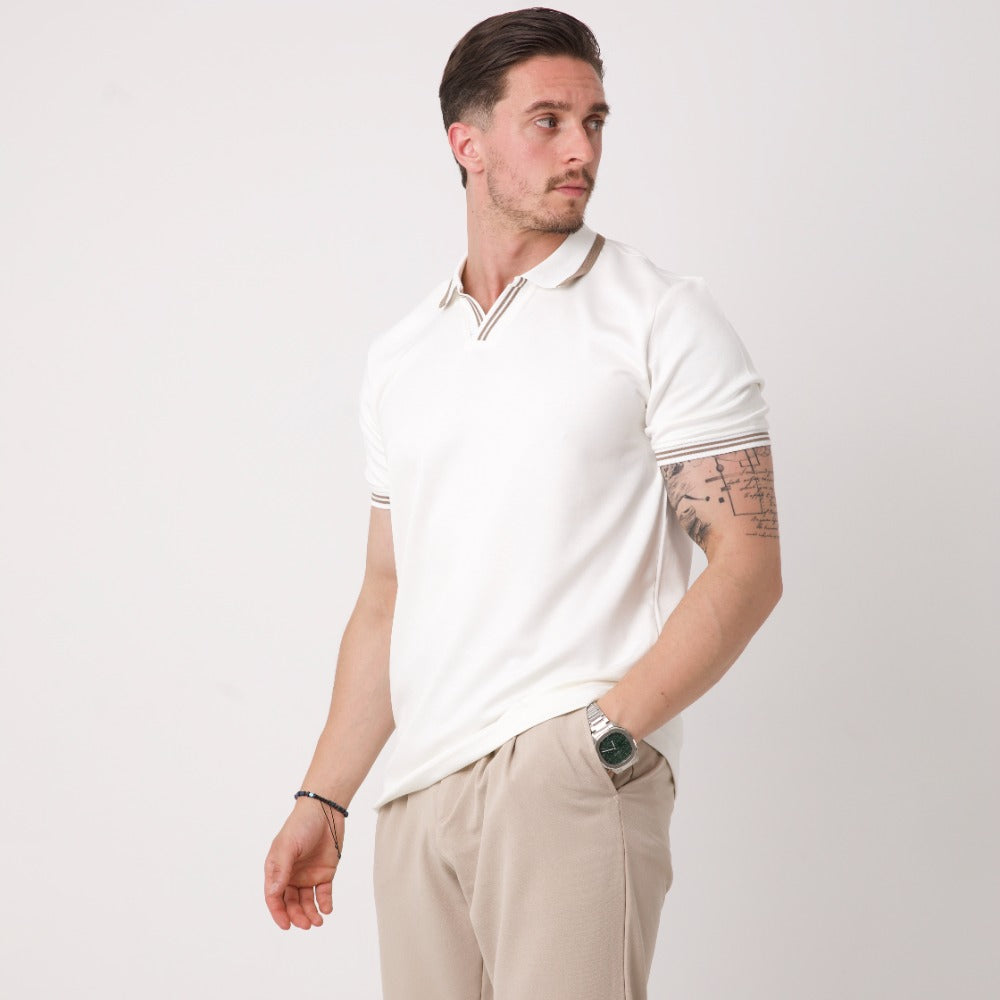 Çizgi Detaylı Polo Yaka Triko Tişört - Ekru
