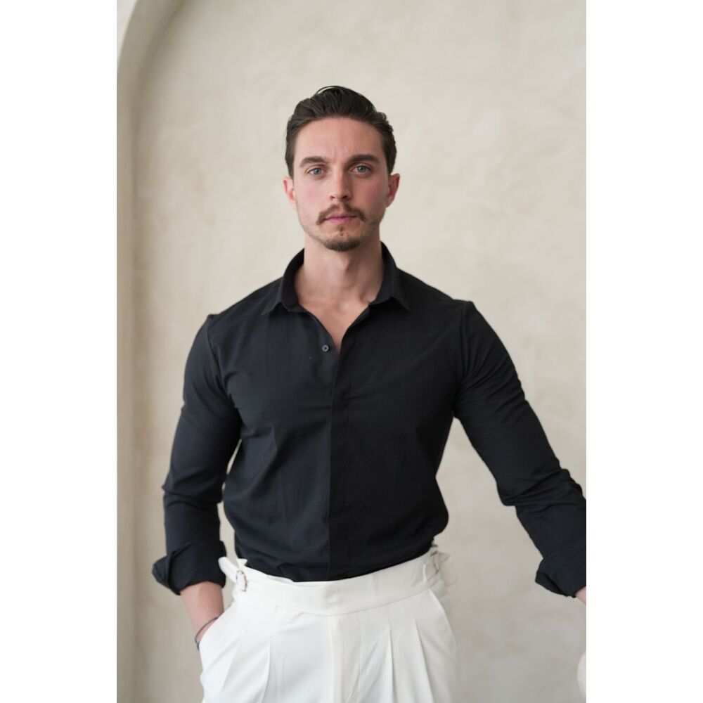Siyah Slim Fit Gizli Düğme Gömlek