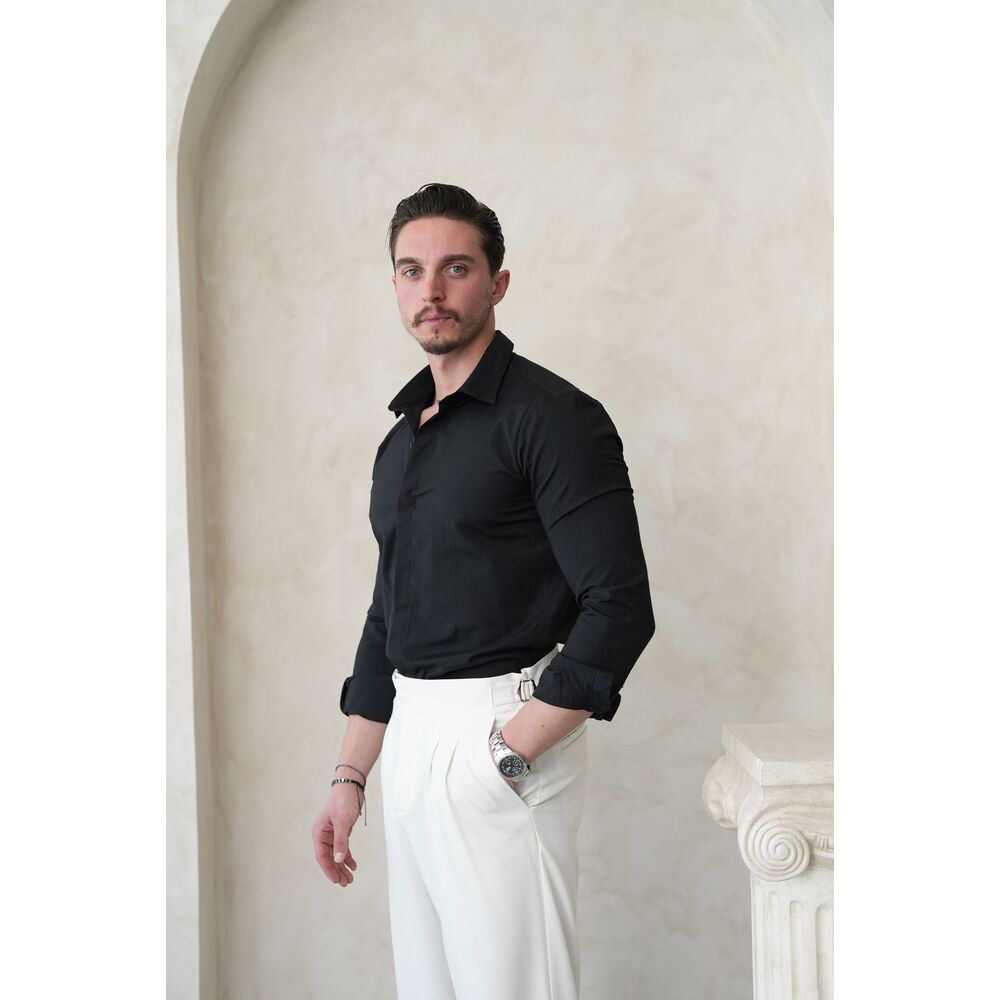 Siyah Slim Fit Gizli Düğme Gömlek