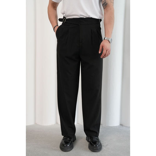 Siyah Çift Tokalı İtalyan Kesim Pileli Kumaş Pantolon