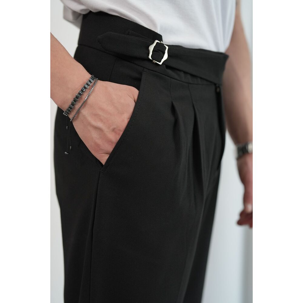 Siyah Çift Tokalı İtalyan Kesim Pileli Kumaş Pantolon