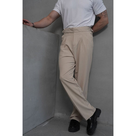 Bej Renk Çift Tokalı Pileli İtalyan Kesim Kumaş Pantolon