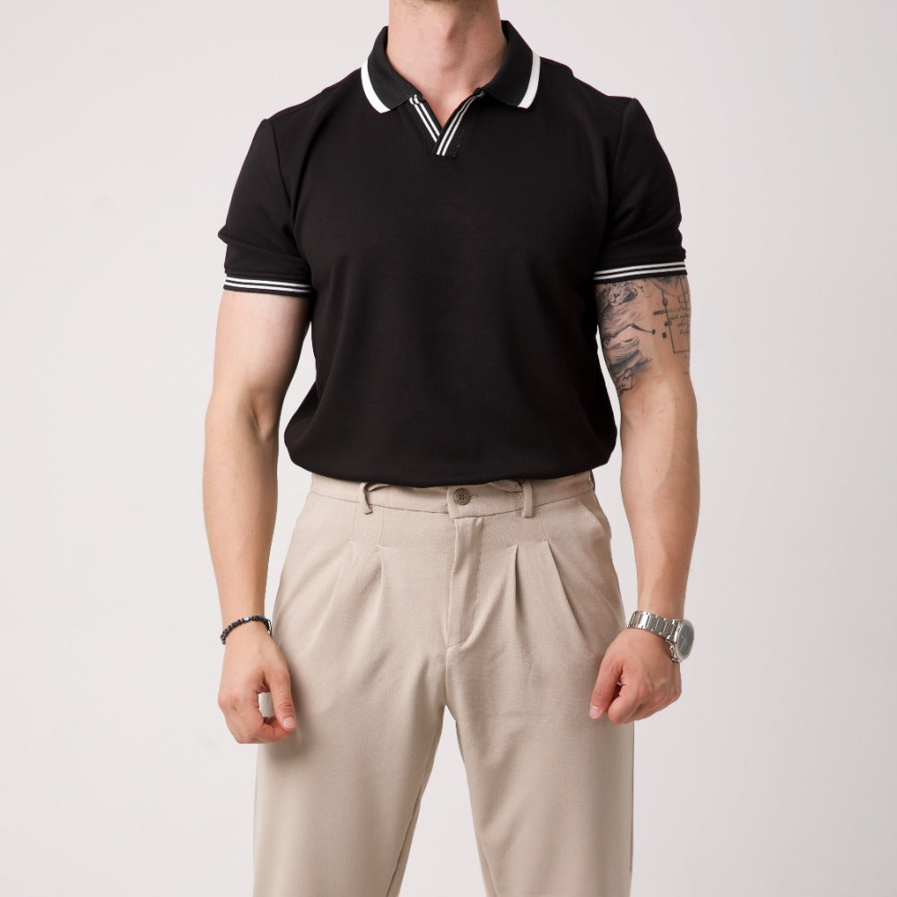 Polo Yaka Triko Tişört – Siyah Beyaz Biyeli