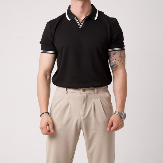 Polo Yaka Triko Tişört – Siyah Beyaz Biyeli