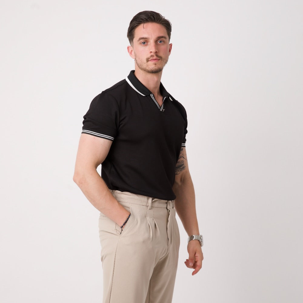 Polo Yaka Triko Tişört – Siyah Beyaz Biyeli