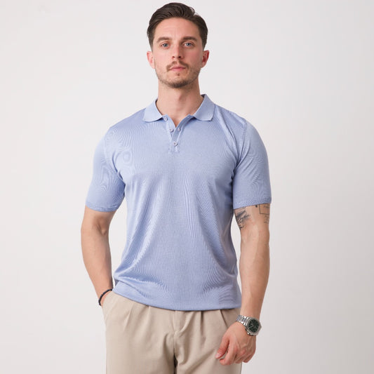 Düğmeli Polo Yaka Triko Tişört – Buz Mavisi