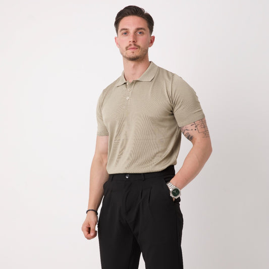 Düğmeli Polo Yaka Triko Tişört – Taş Rengi