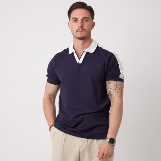 Beyaz Şeritli Lacivert Polo Yaka Triko Tişört