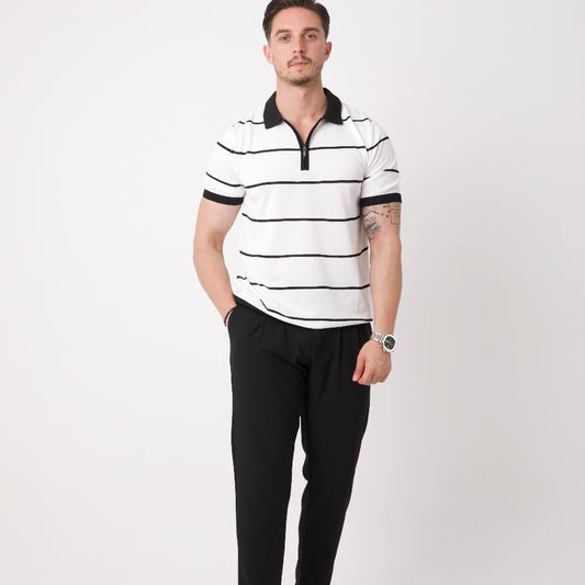 Siyah Çizgili Beyaz Polo Yaka Triko Tişört