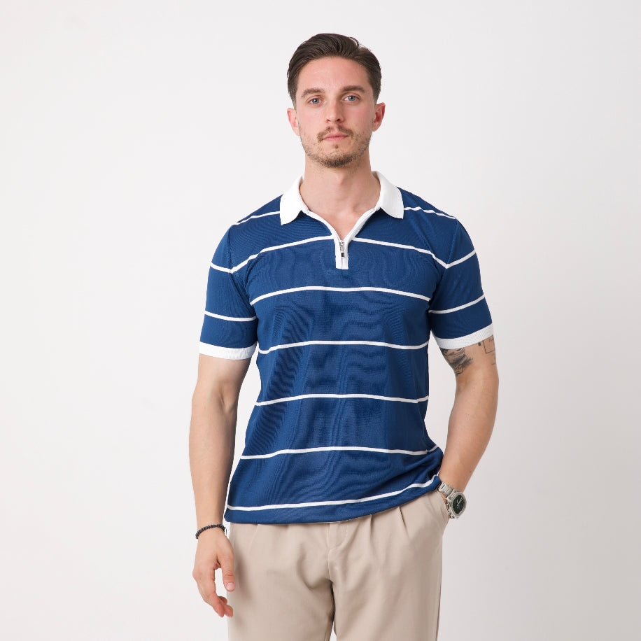 Beyaz Çizgili Lacivert Polo Yaka Triko Tişört