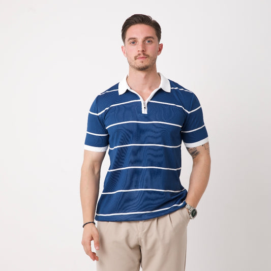 Beyaz Çizgili Lacivert Polo Yaka Triko Tişört