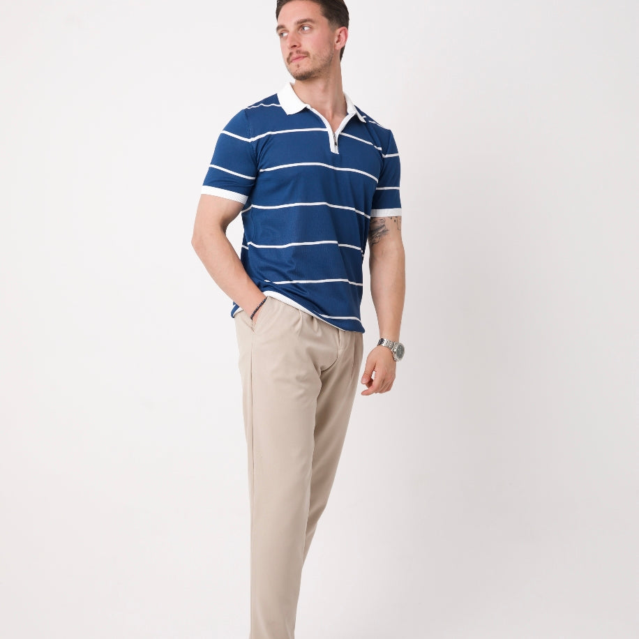 Beyaz Çizgili Lacivert Polo Yaka Triko Tişört