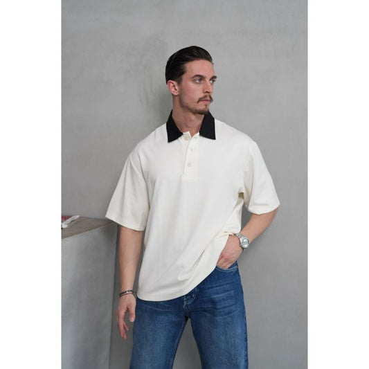 Contrast Yaka Oversize Polo T-Shirt – Ekru/Siyah
