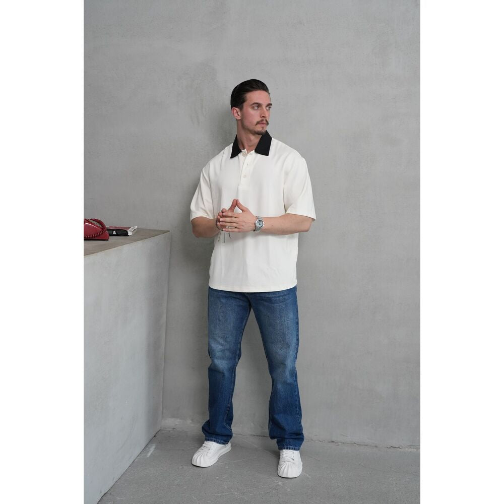 Contrast Yaka Oversize Polo T-Shirt – Ekru/Siyah